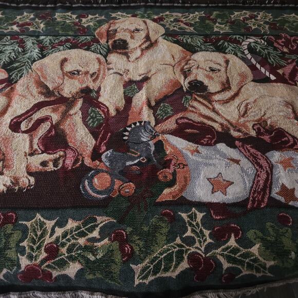 Goodwin Weavers Throw Blanket Dog Tapestry Green Christmas Cottage Vtg 44x65 USA - Picture 4 of 11